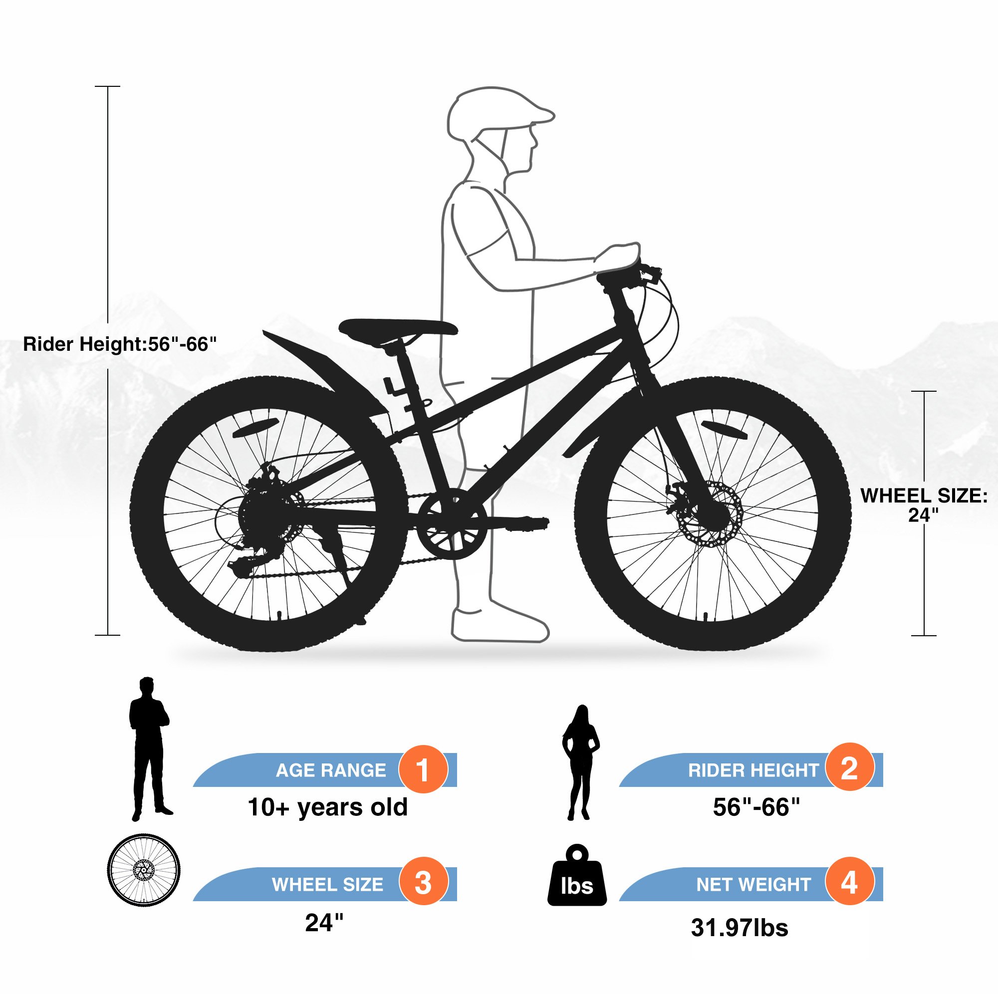 ZUKKA 24 inch Fat Tyre Mountain Bike For Beginners With 24''*3.0 Tyre And 7spd Orange Color