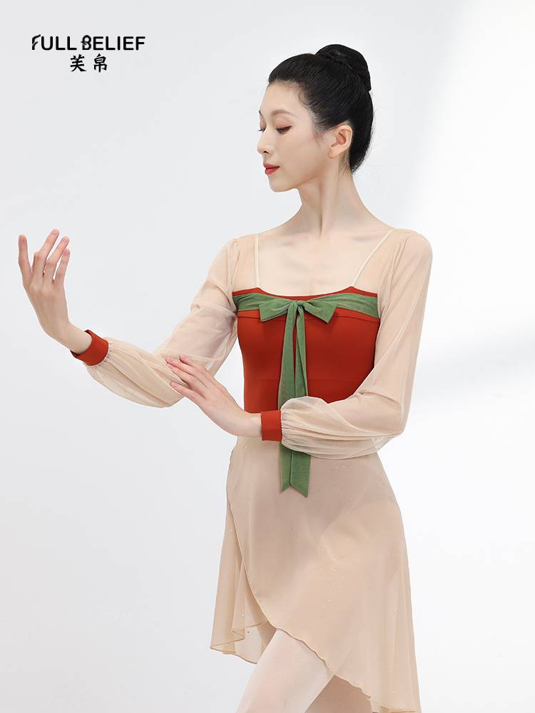 Fuxi Tangfeng stitching high -shaped body training service ballet conjoined female adult long -sleeved color gymnastics uniforms