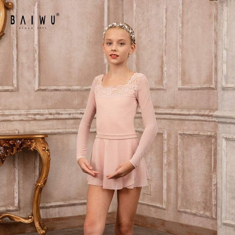 Baiwu Children's Ballet Dance Services Gargam Long -sleeved Lace Stroke Practice Gymnastics 119242307 Tobacco Powder 1