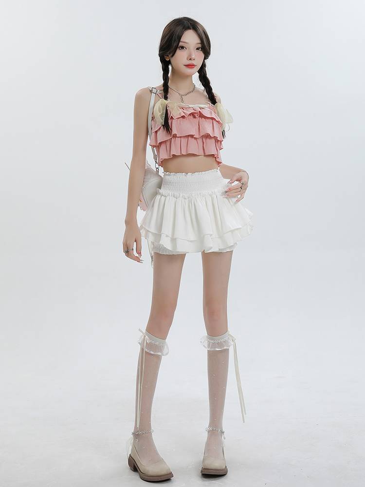 La Xiabeel ballet cake skirt short high -waist A -line anti -light puffed skirt pure desire blood pleated skirt