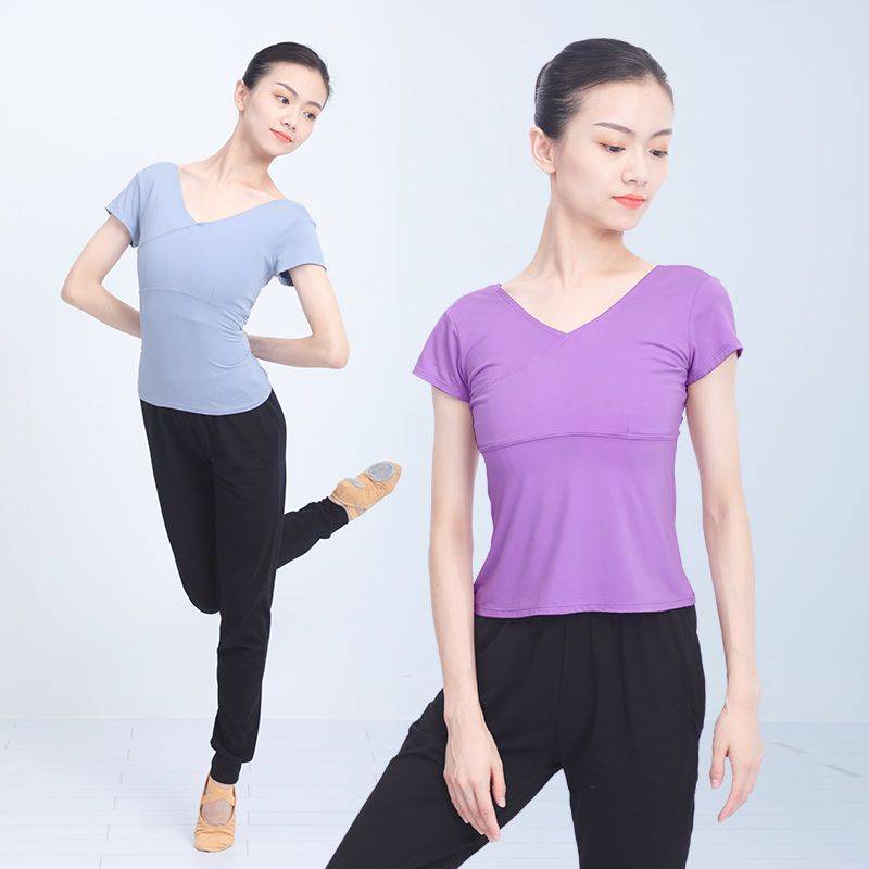 Ballet dance clothes top female practice, tight V -neck adult summer short sleeve test gymnastics, white T -shirt