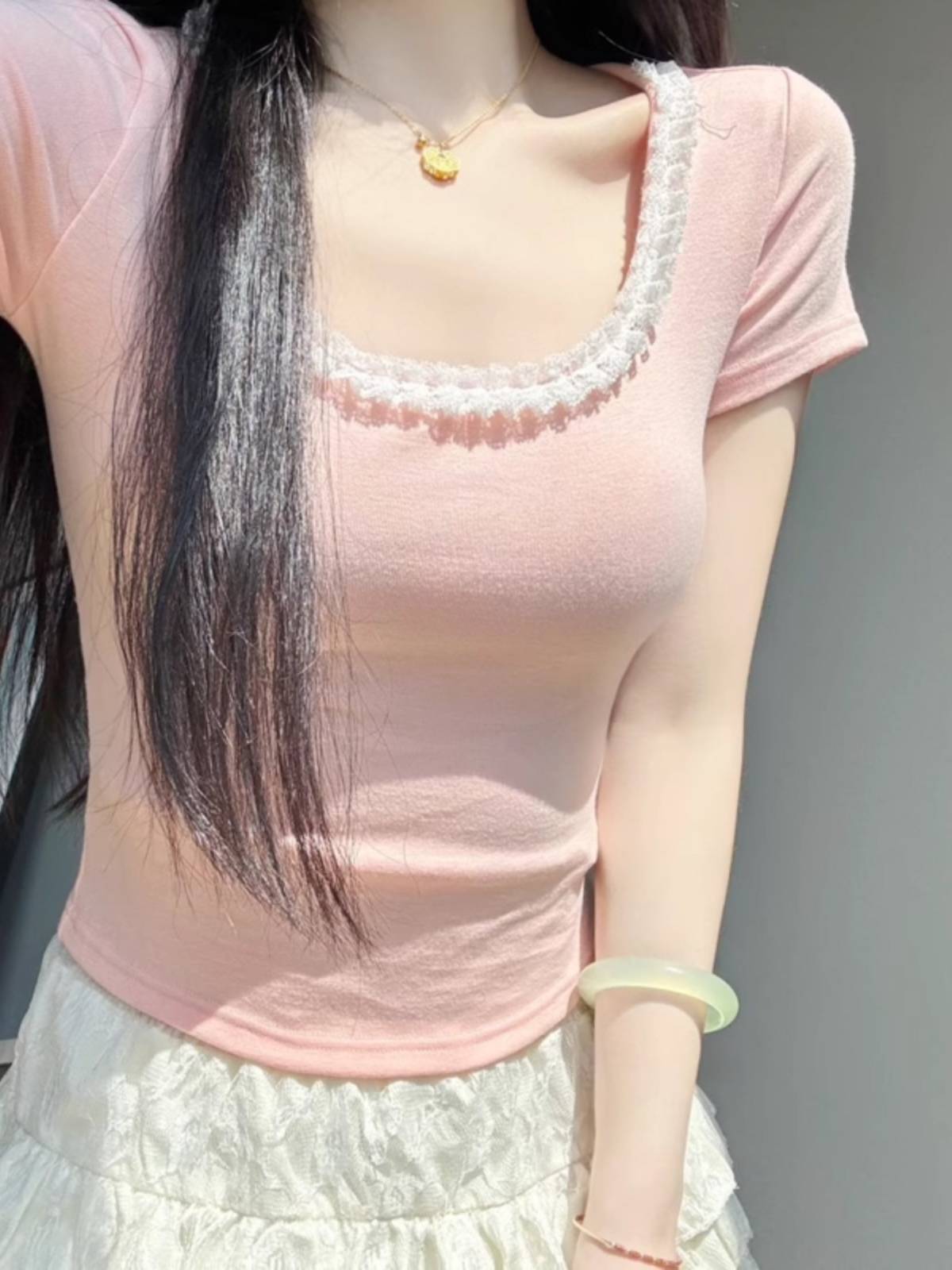 Pure desire lace short -sleeved T -shirt female summer 2024 new sweet spicy ballet recipes short tight -fitting shoulder -shoulder top