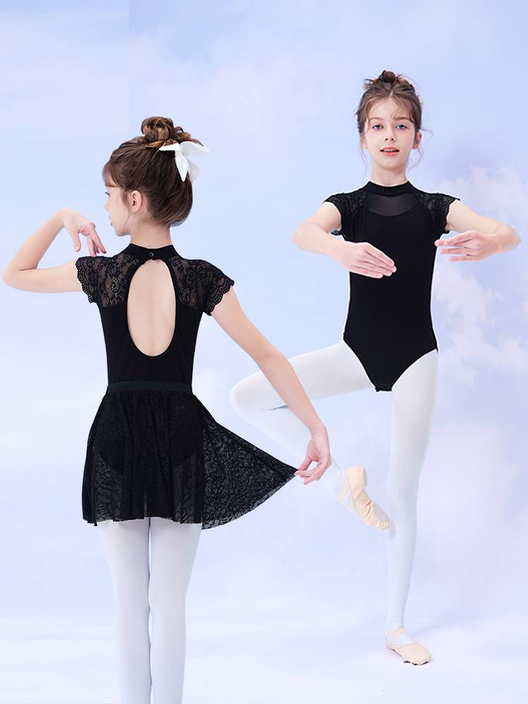 Dance service children's summer short -sleeved lace skirt Black young children gymnastics, sportswear dancing ballet exercises