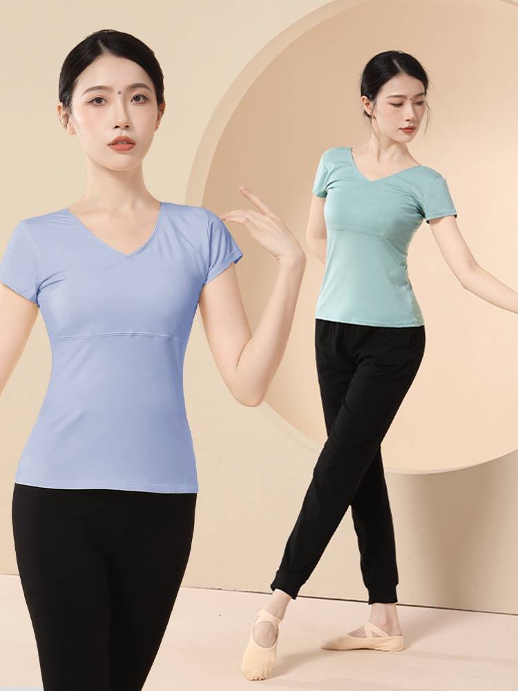 Dance service shirt, summer ballet exercise, adult art test, short -sleeved sports service Chinese dance V lodging fuck