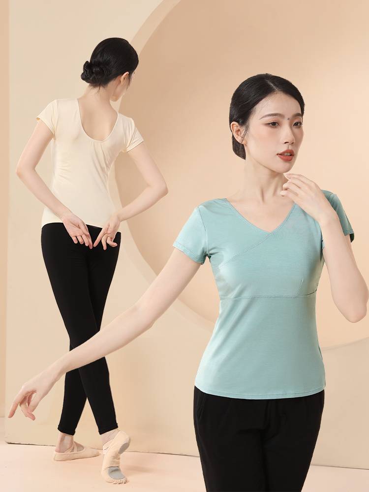 Dance service shirt, summer ballet exercise, adult art test, short -sleeved sports service Chinese dance V lodging fuck