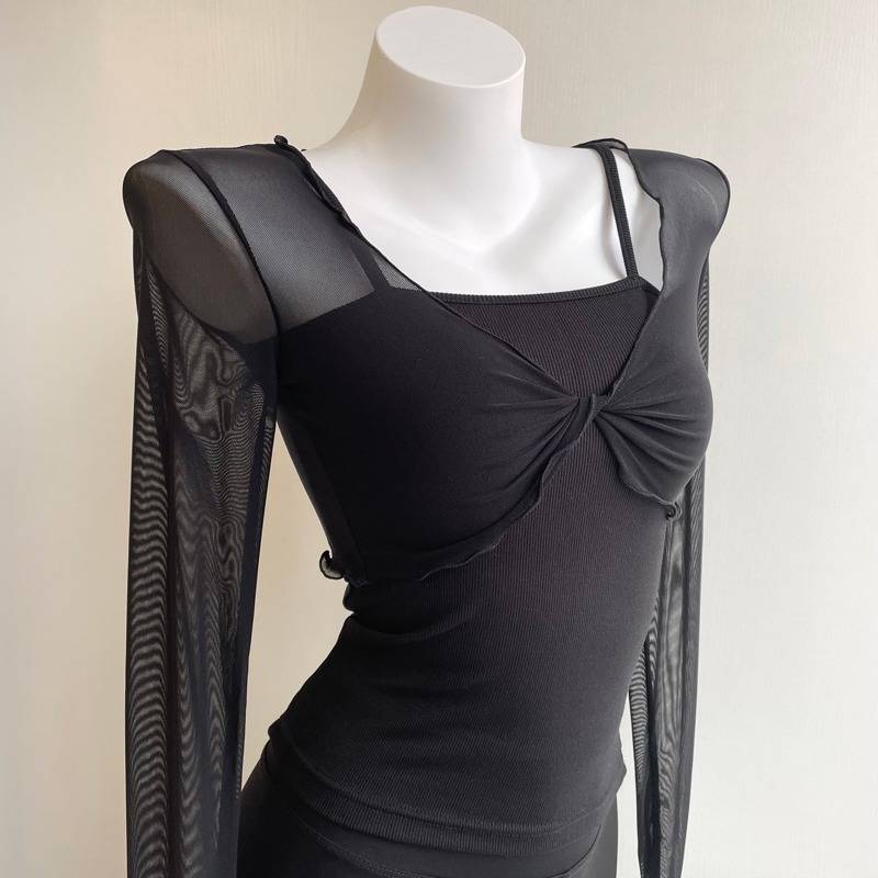 Ballet dance service women's long -sleeved long -sleeved blouse cross -mesh top yoga classical modern exercise sunscreen shirt