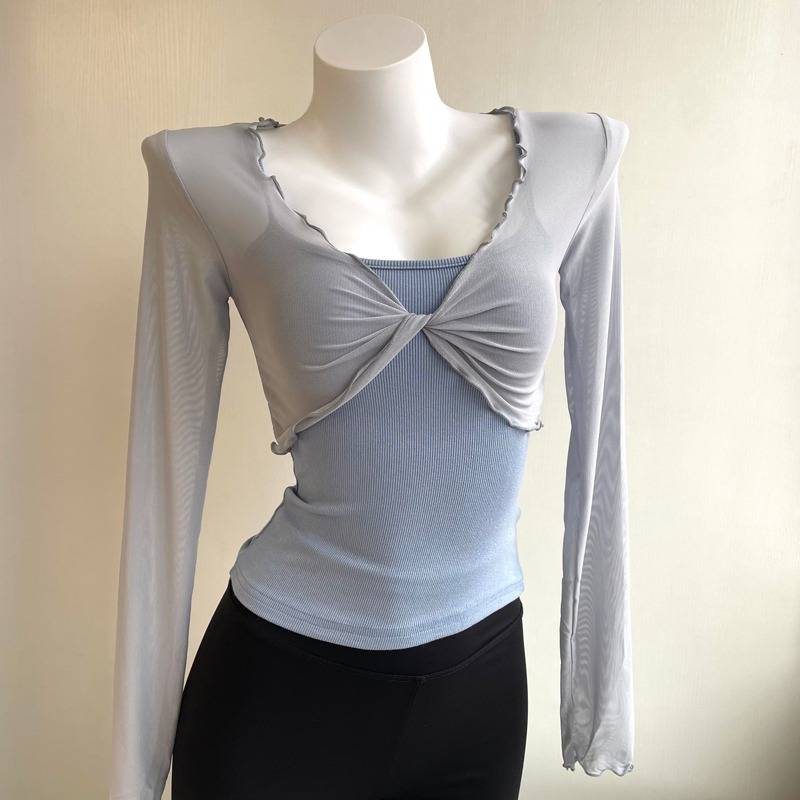 Ballet dance service women's long -sleeved long -sleeved blouse cross -mesh top yoga classical modern exercise sunscreen shirt