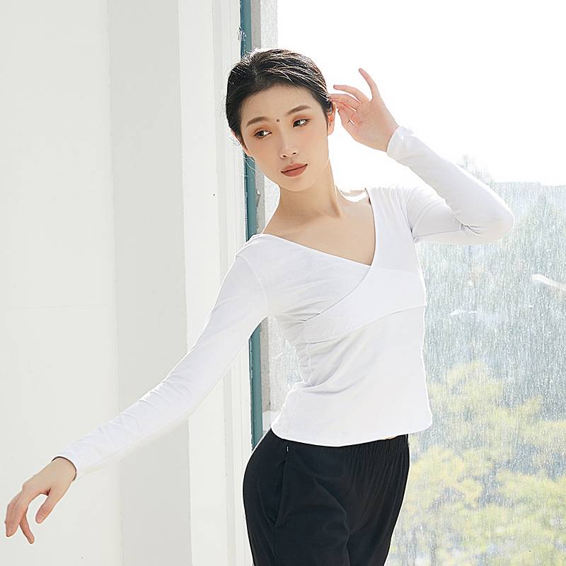 Cross -neck long -sleeved dance top National practice service female adult -shaped body -shaped body slim ballet dance new square