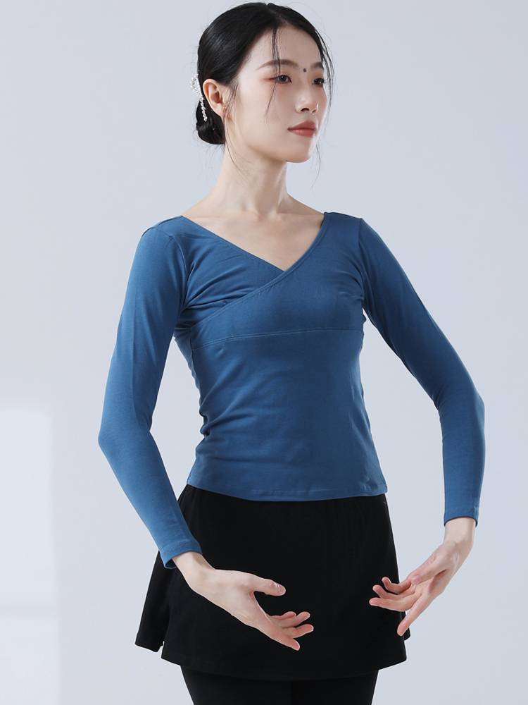 New ballet dance exercise service female adult cross V -neck cotton cotton T -shirt dance service slim body training service autumn