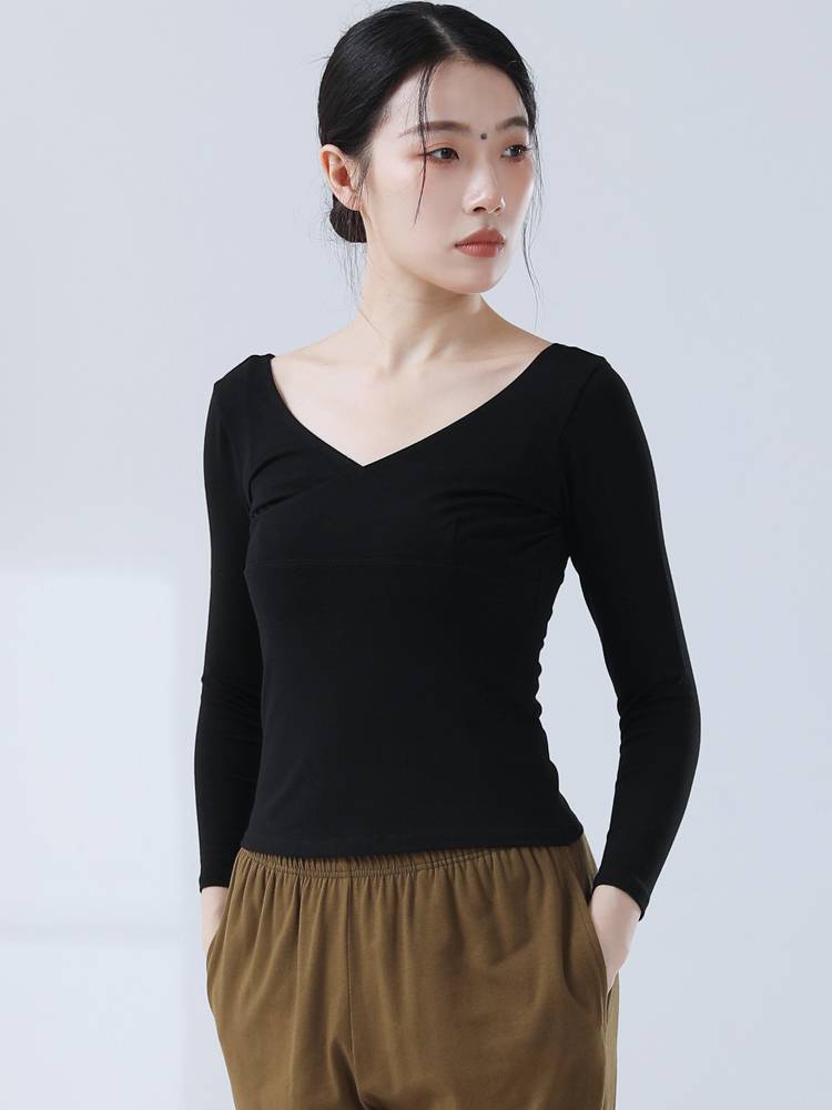 New ballet dance exercise service female adult cross V -neck cotton cotton T -shirt dance service slim body training service autumn