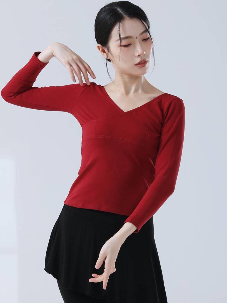 New ballet dance exercise service female adult cross V -neck cotton cotton T -shirt dance service slim body training service autumn
