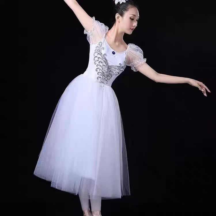 New long -sleeved ballet dance adult suspender dance skirt skirt white pink bubble sleeve performance dance clothing