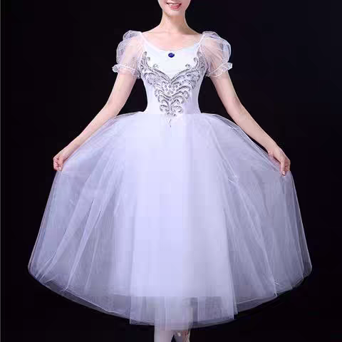 New long -sleeved ballet dance adult suspender dance skirt skirt white pink bubble sleeve performance dance clothing