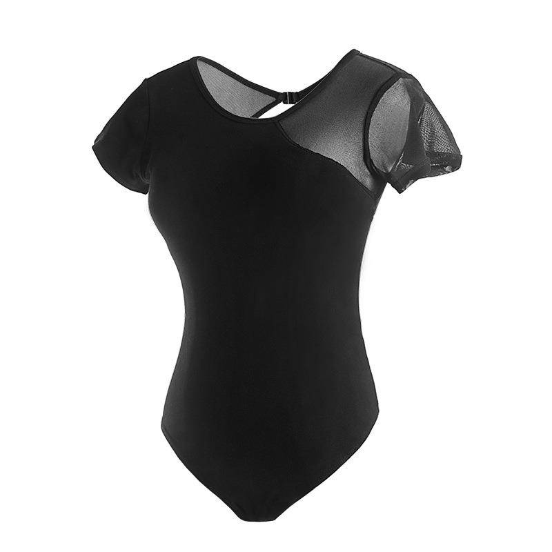 Ballet dance adult net gauze splicing body exercise service female short -sleeved temperament leakage yoga conjoined clothes with chest pads