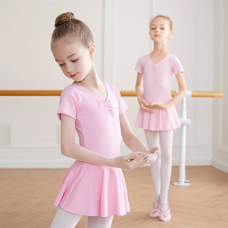 Ballet dance skirt girl -shaped body practice service Chinese dance short -sleeved dance service children dance pink clothes conjoined skirt