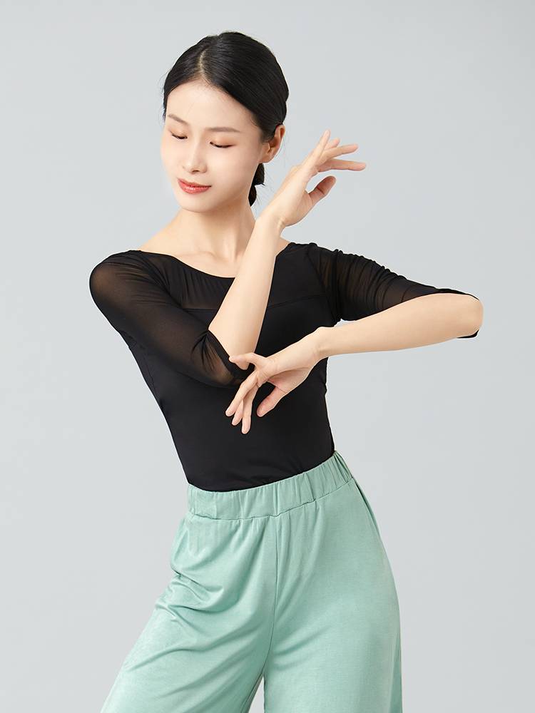 Dance clothing female classical gauze long -sleeved ballet exercise body white net yarn shirt summer dance clothes