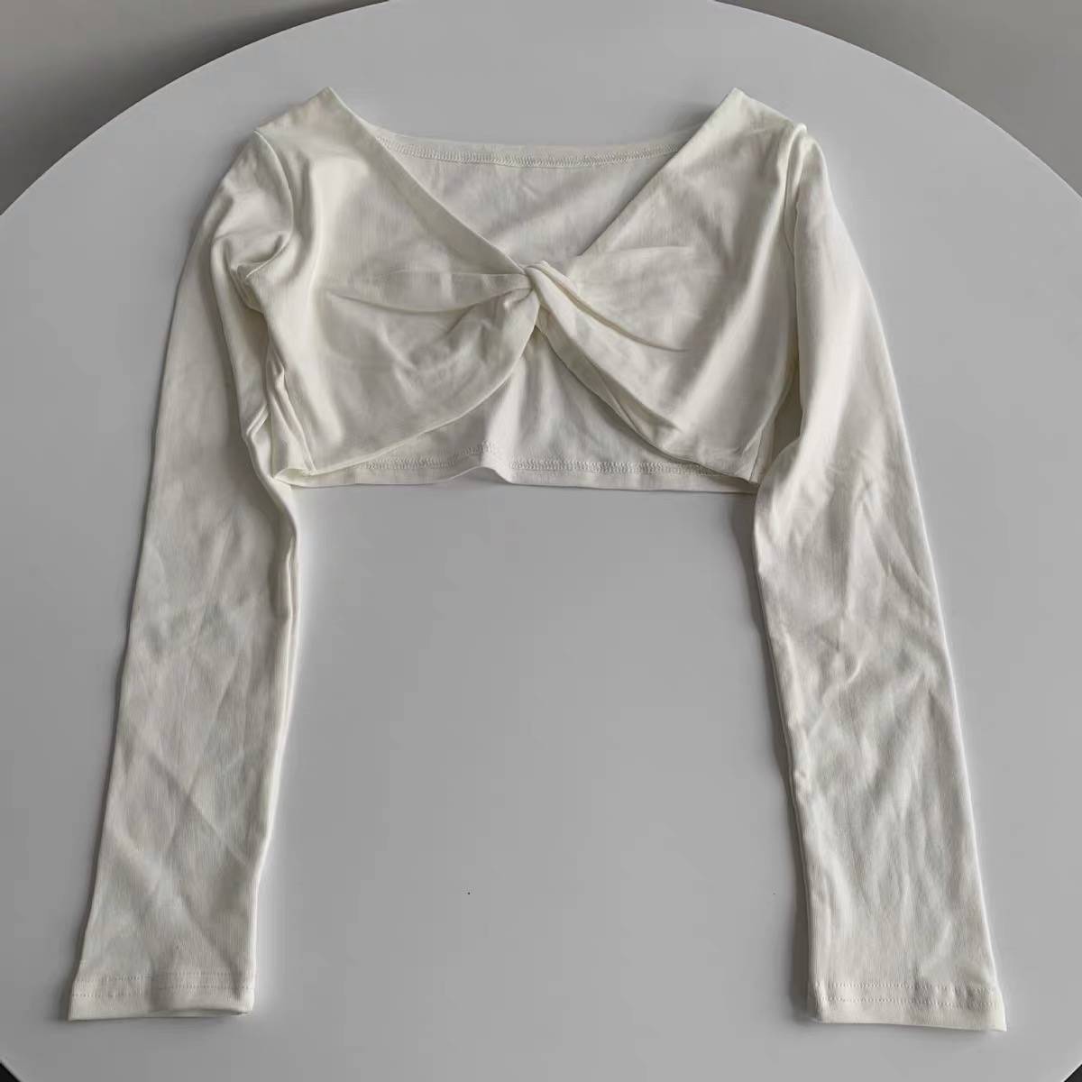 All -cotton V -neck knotted ballet dance body operation outside the small hill shoulder long -sleeved short -waist high -waisted high -waisted dance jersey