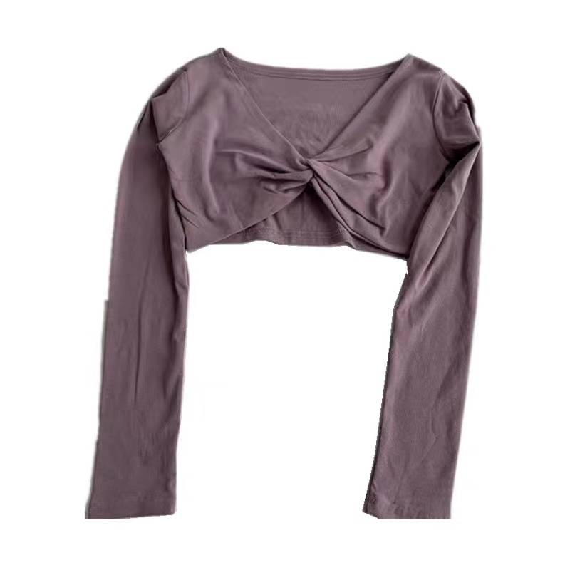 All -cotton V -neck knotted ballet dance body operation outside the small hill shoulder long -sleeved short -waist high -waisted high -waisted dance jersey