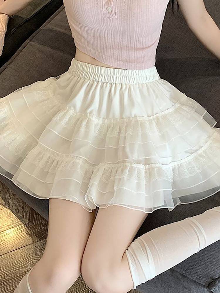 French white lace cake skirt skirt women's summer anti -walking sweet ballet style A -line puff skirt pants