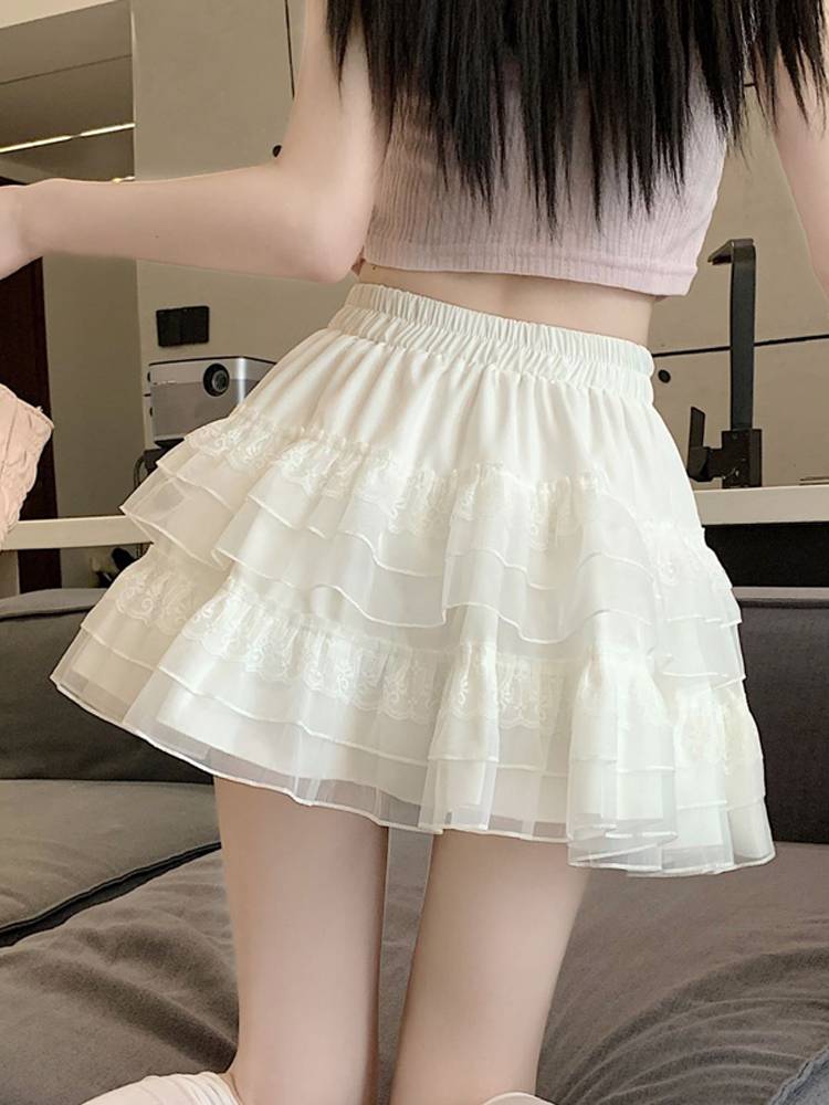 French white lace cake skirt skirt women's summer anti -walking sweet ballet style A -line puff skirt pants