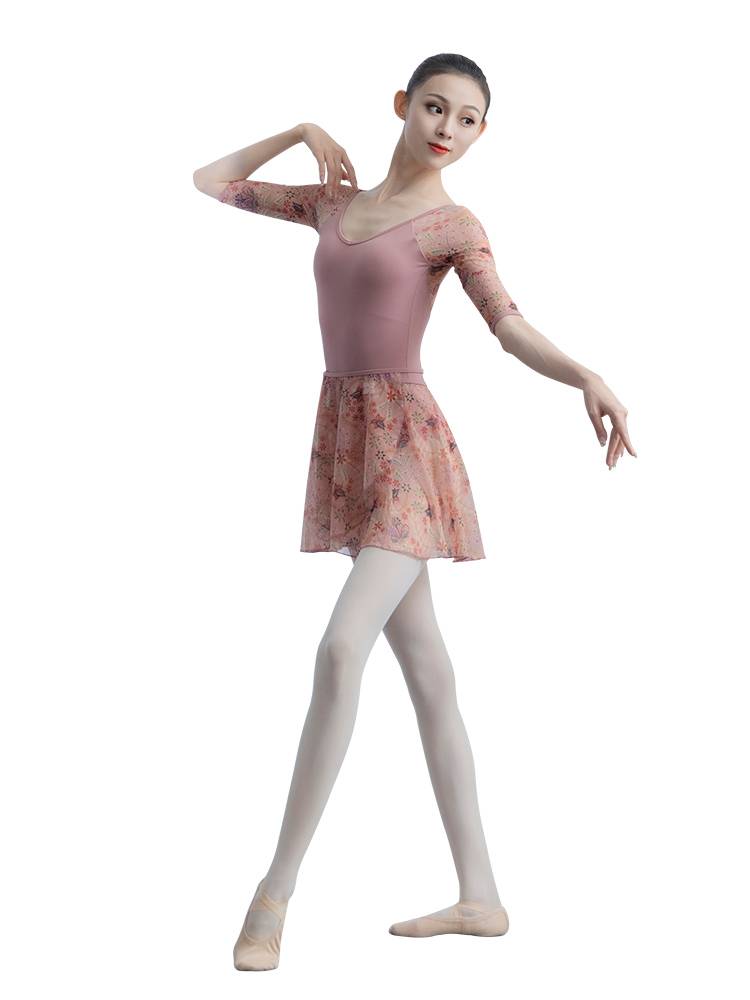 Female short -sleeved tight ballet connective clothing seven -point sleeve printing color slim dance gymnastics clothes