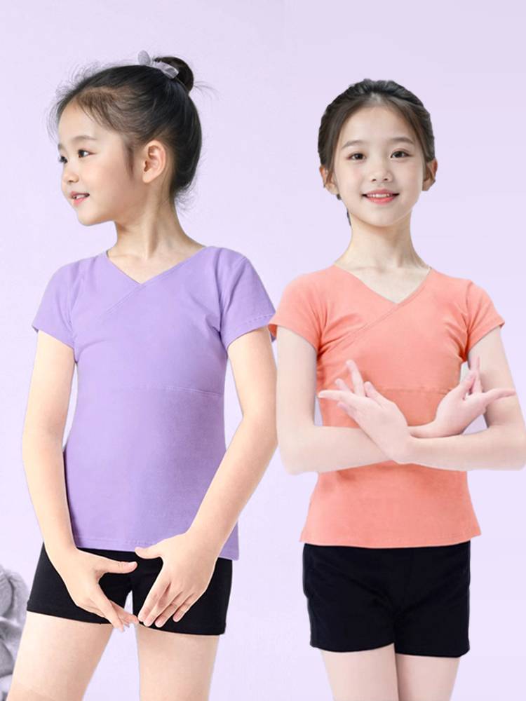 Children's dance T -shirt bottoming shirt girl V -neck short -sleeved suit dancing top ballet dance Chinese dance exercise service