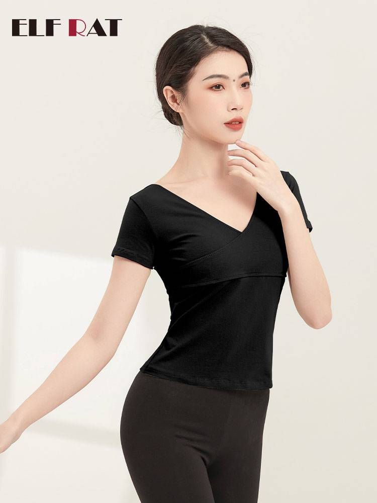 Dance service top ballet training service adult black short -sleeved clothes before crossing V -neck test fit