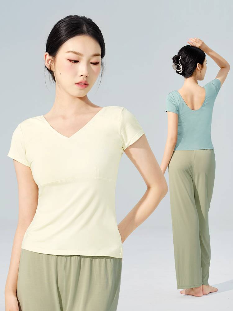 Ballet dance clothing top female summer short -sleeved adult modern dance suit shows thin V -neck training gymnastics