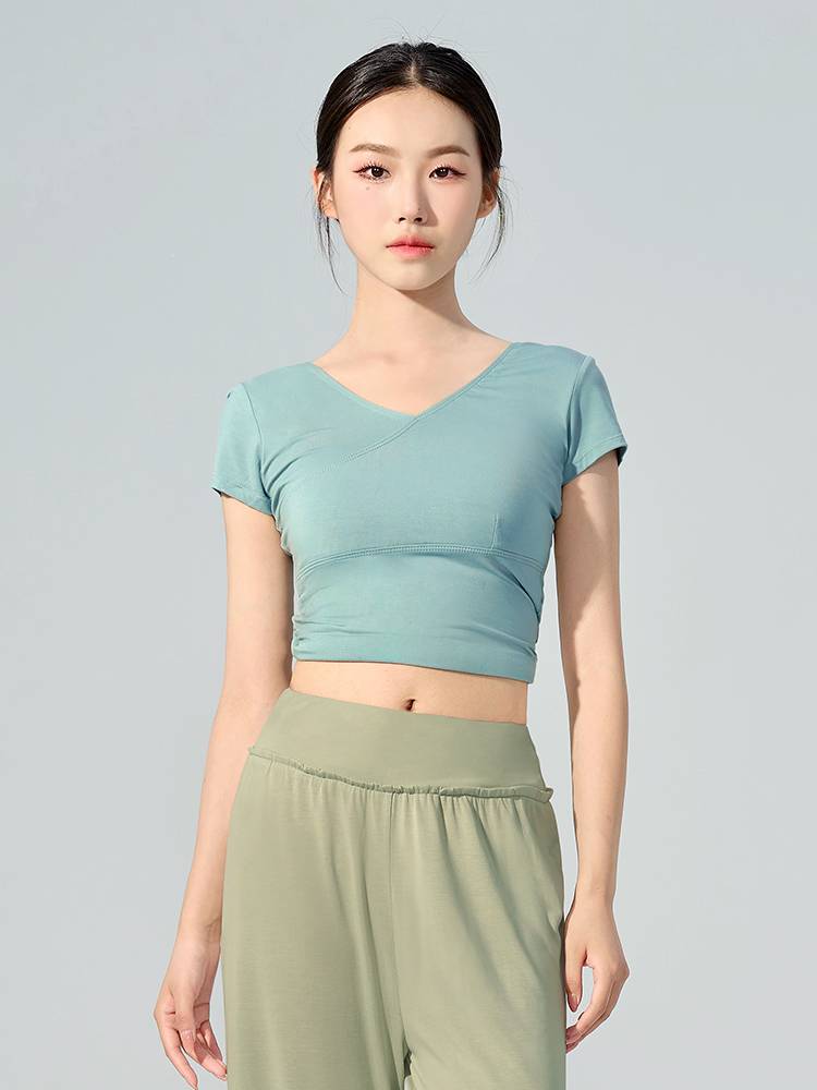 Ballet dance clothing top female summer short -sleeved adult modern dance suit shows thin V -neck training gymnastics