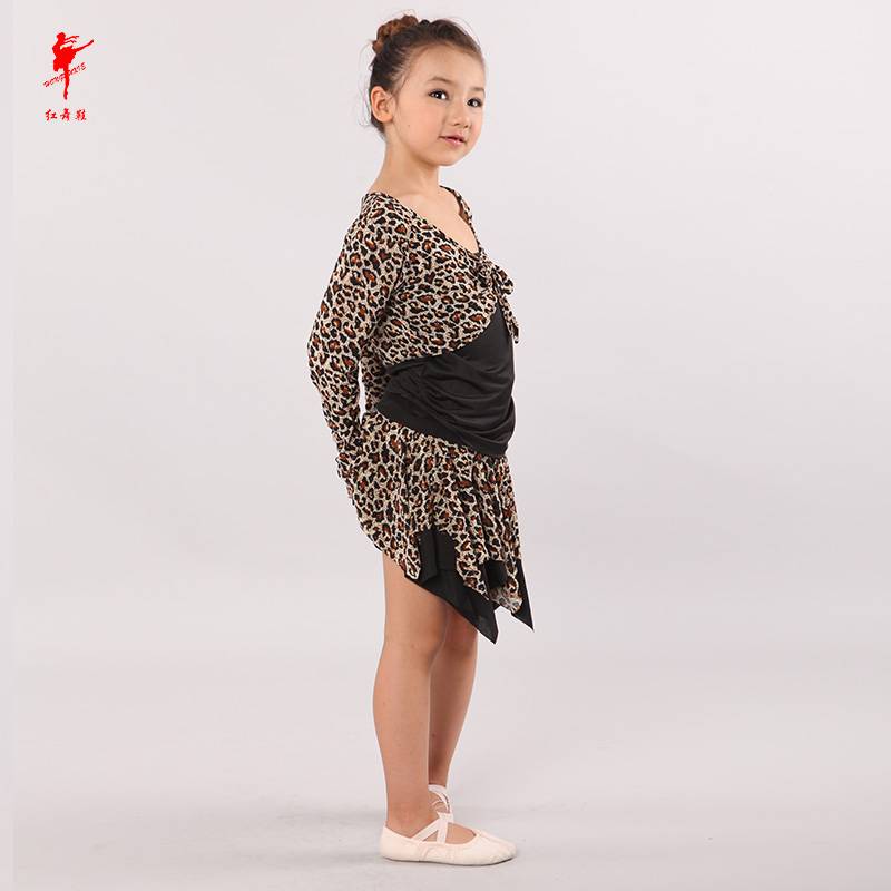 Red dance shoes 60411 dance service girls and children to knot long -sleeved shirt leopard ballet clothes Latin dance service summer