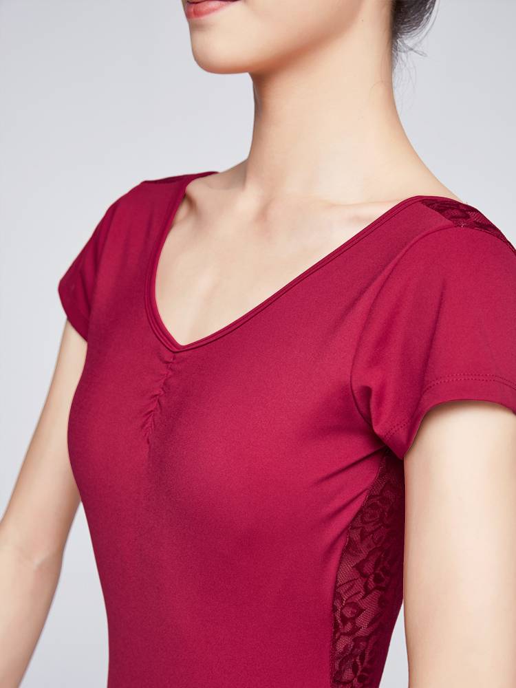 Dance service female lace -back ballet -shaped sportswear adult short sleeve gymnast