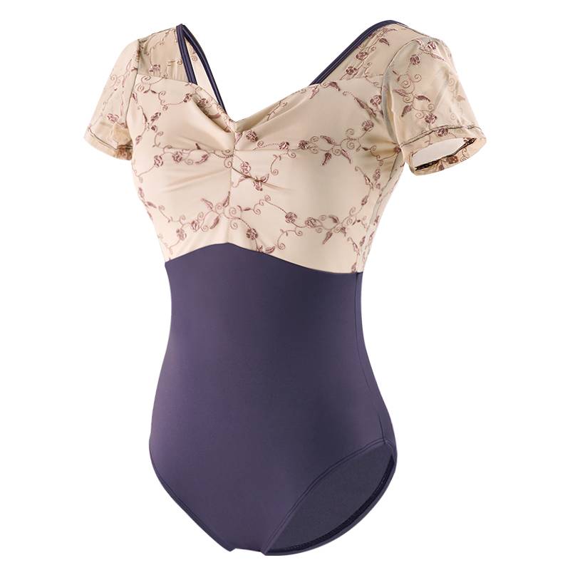 Dance service female adult short -sleeved gymnastics clothing, embroidery ballet L practitioner, conjoined body high crotchy training