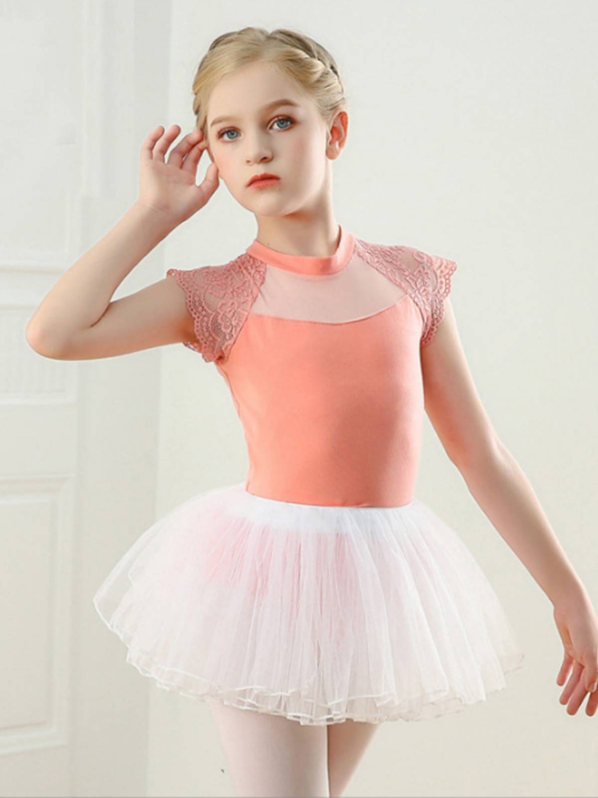 Children's dance service female summer short -sleeved exercise ballet skirt lace off -back dance jacket Chinese dance test