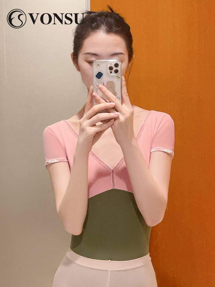 Fanshu ballet dance body service practice uniform nude pink olive green clothes short -sleeved conjoined female ballet body uniform