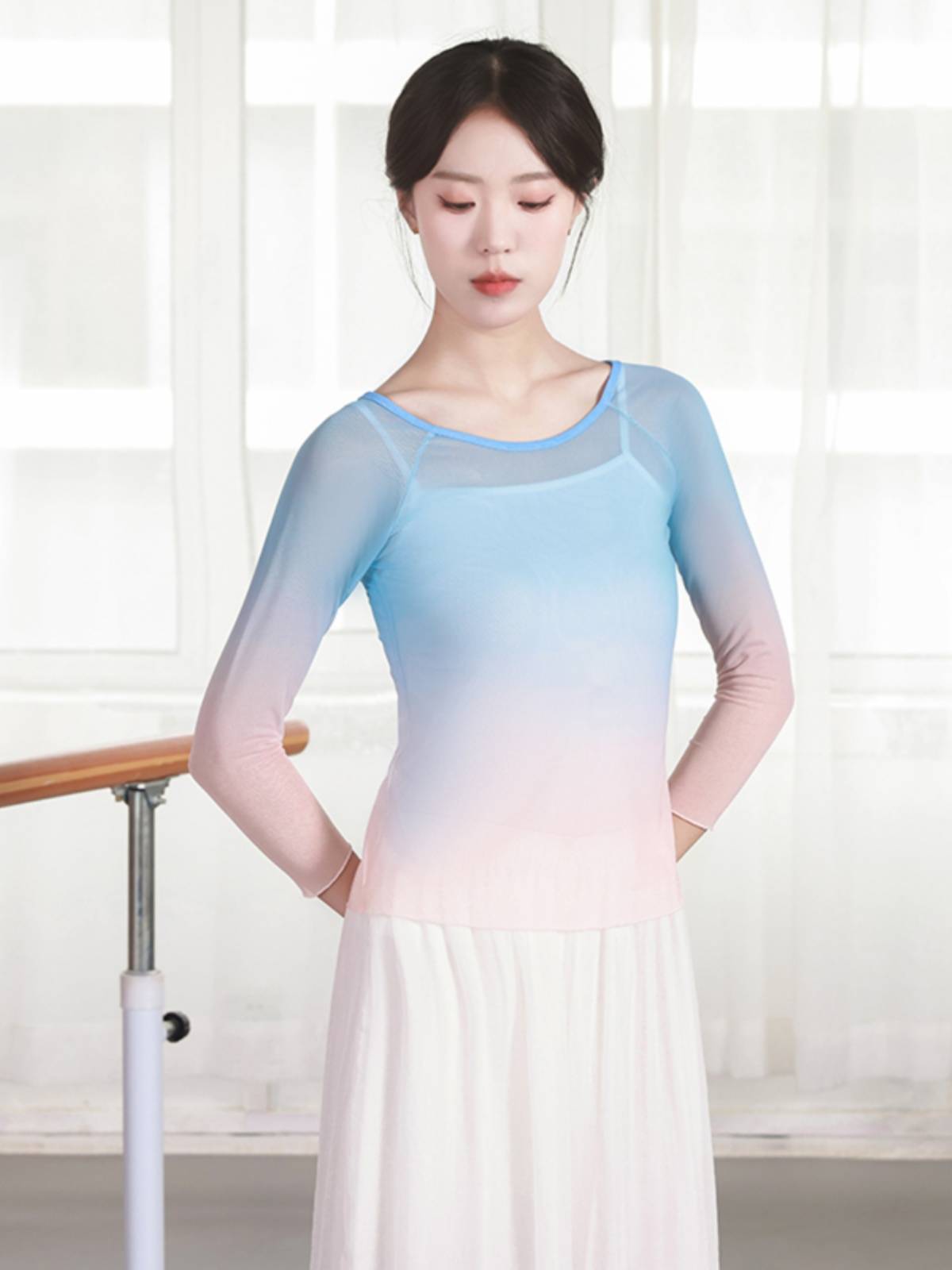 Modern dance net gauze top ballet training long short -sleeved dance top -shaped body clothes classical elastic gauze slim
