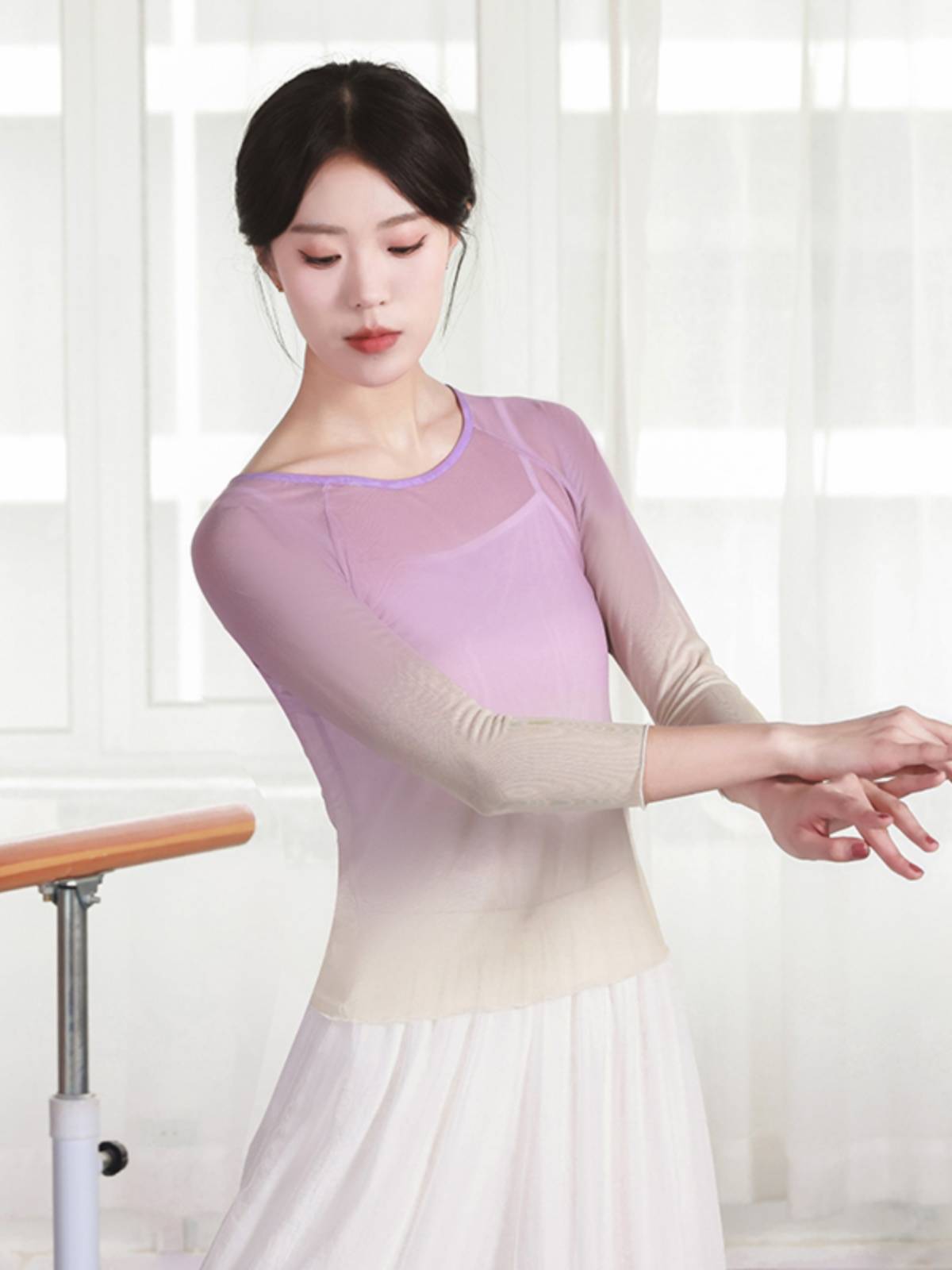 Modern dance net gauze top ballet training long short -sleeved dance top -shaped body clothes classical elastic gauze slim