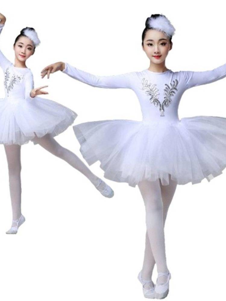 The new children's long -sleeved ballet skirt performance service chanting goose performance clothing panton yarn skirt little swan performance service girl