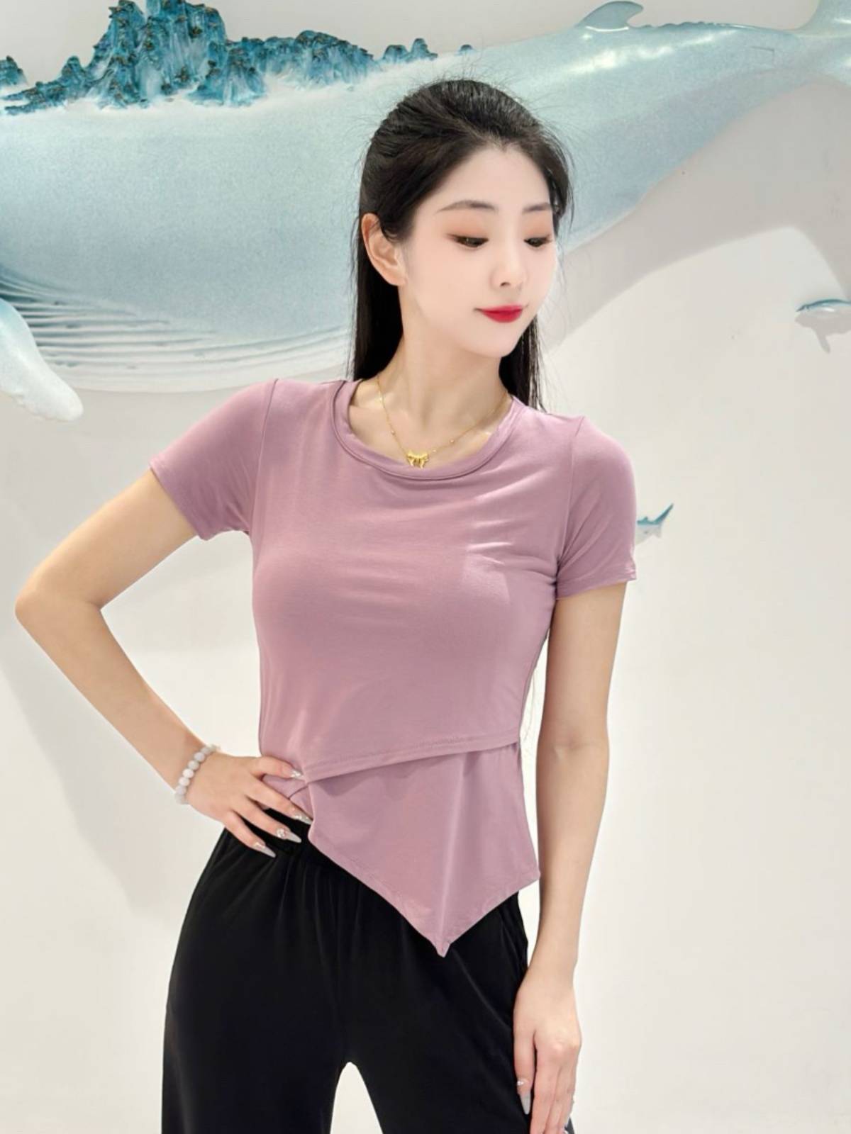 Modern classical dance short -sleeved top adult daughter Xia Zheng shoulder slim Chinese dance ballet exercise uniform