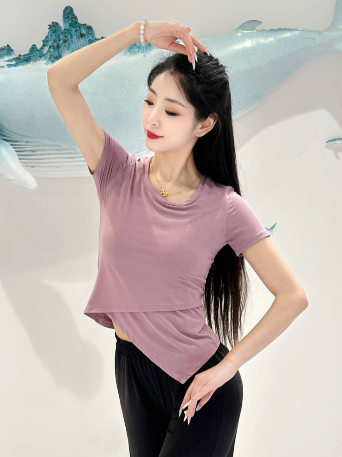 Modern classical dance short -sleeved top adult daughter Xia Zheng shoulder slim Chinese dance ballet exercise uniform