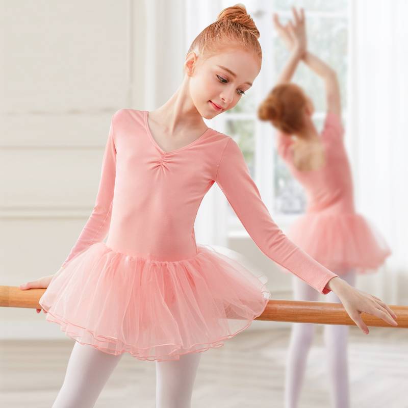 Children's dance clothing puff skirt short -sleeved summer girl pink ballet exercise Chinese dance connecting gauze skirt