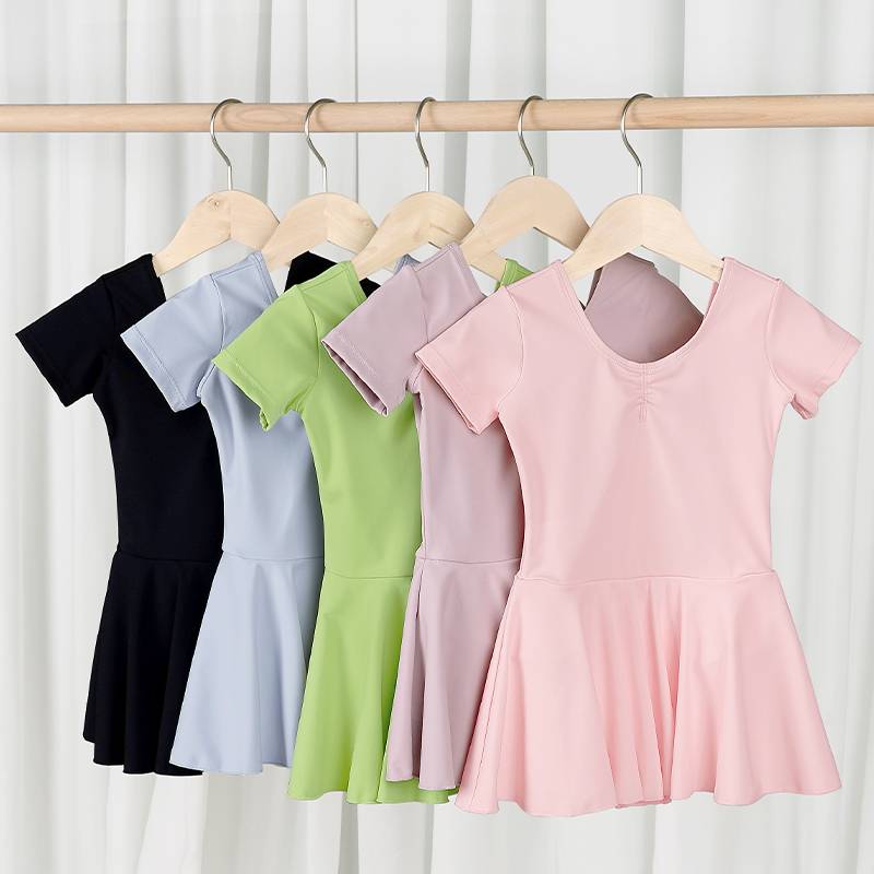 Dance service children's summer nylon skirt children's short -sleeved gymnastics connective clothes pink ballet practice skirt