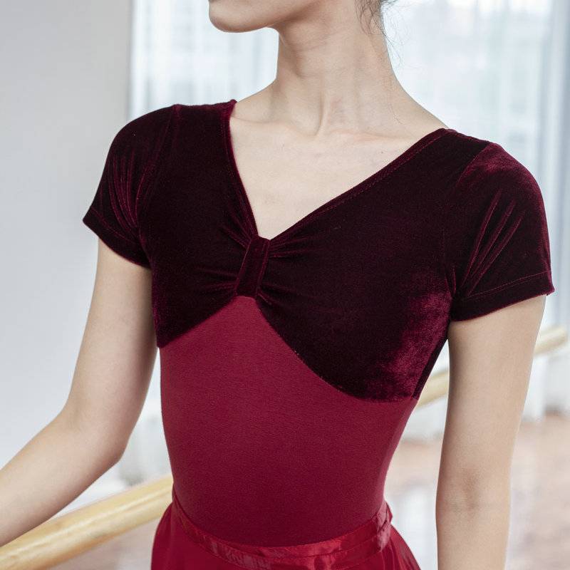 Dance clothing velvet splicing ballet dance service chiffon conjoined female adult -shaped body clothes short -sleeved female base training uniform