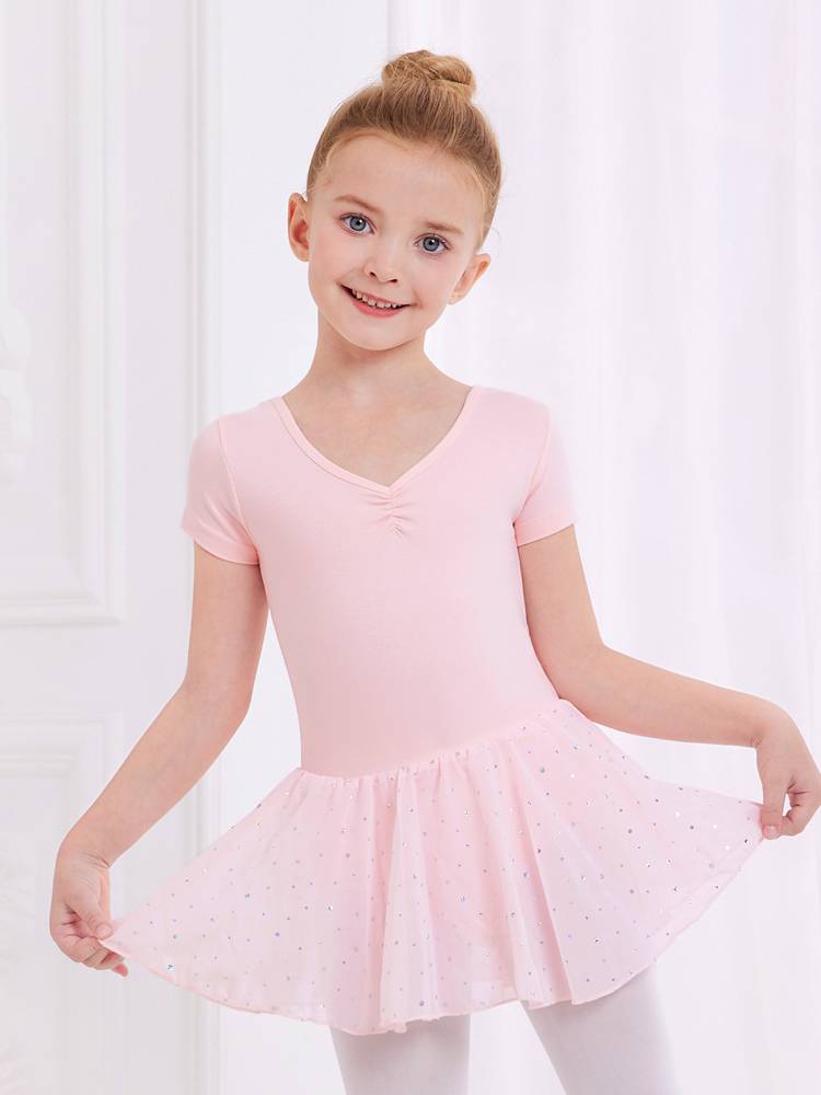 Children's dance service girl practice service short -sleeved children, children's conjoined clothing summer dance test ballet skirt