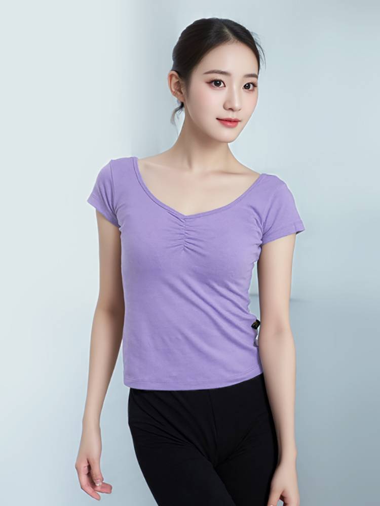 Dance service female short -sleeved jump ballet Topper, professional body, adult V collar Chinese dance clothing