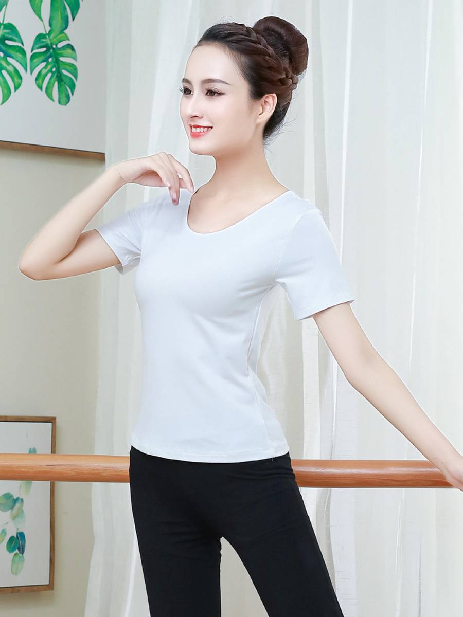 Dance practice service professional girl ballet short -sleeved round neck set black adult classical body training top