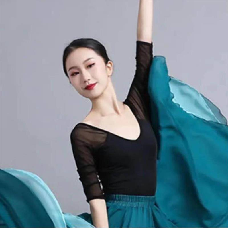 Modern dance net gauze top ballet training long short -sleeved dance top -shaped body clothes classical elastic gauze slim
