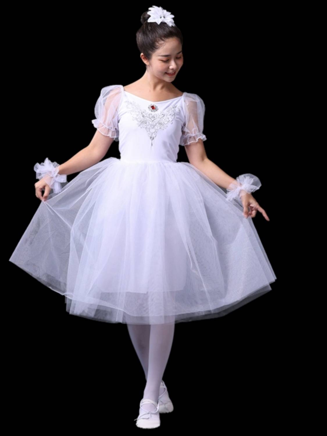 New product adult ballet skirt Little swan dance performance clothes long -sleeved white puffy skirt, long yarn bubble sleeve clothing