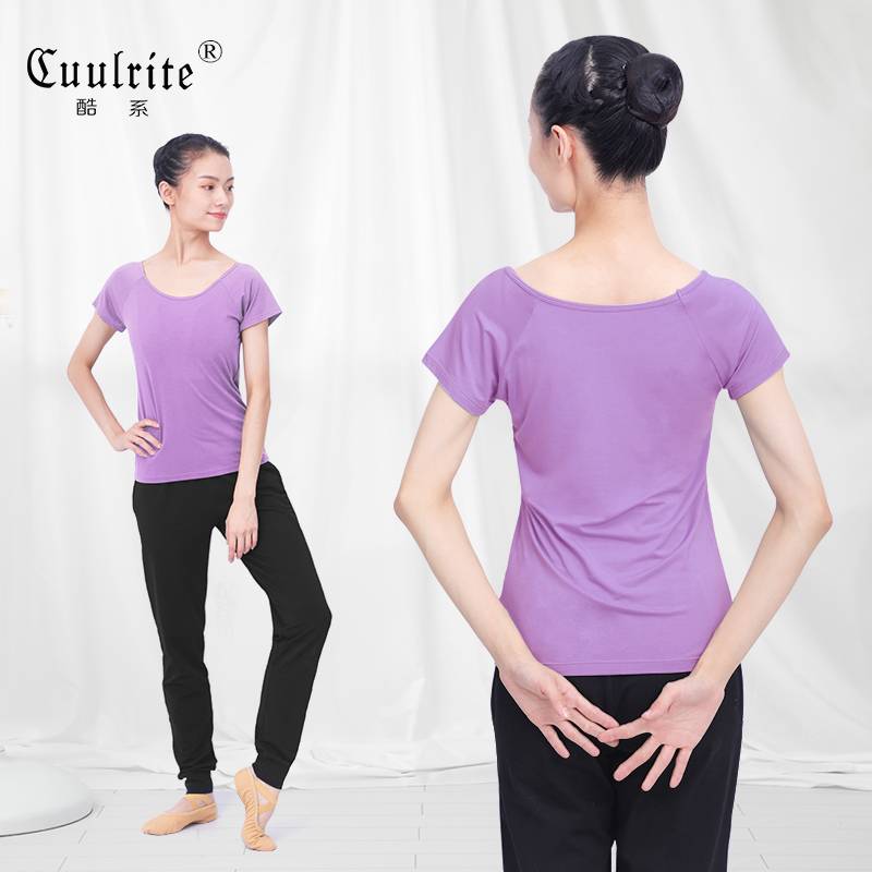 Adult dance practice service female summer short -sleeved black T -shirt -shaped teacher ballet top Chinese dance service