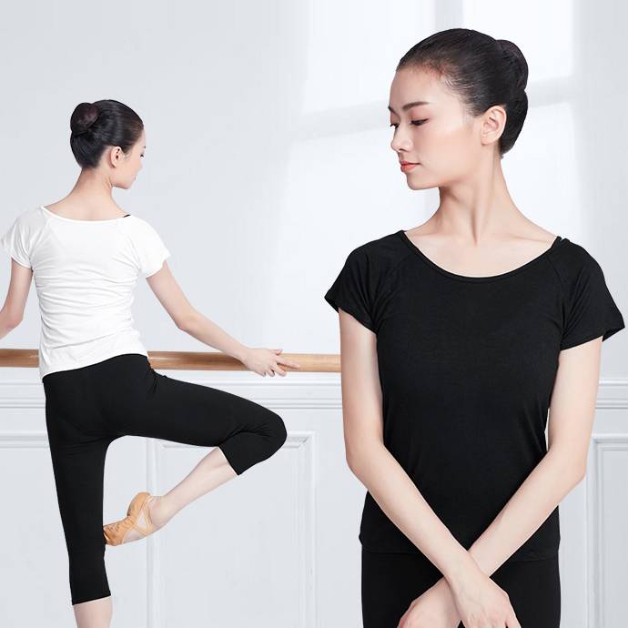 Adult dance practice service female summer short -sleeved black T -shirt -shaped teacher ballet top Chinese dance service