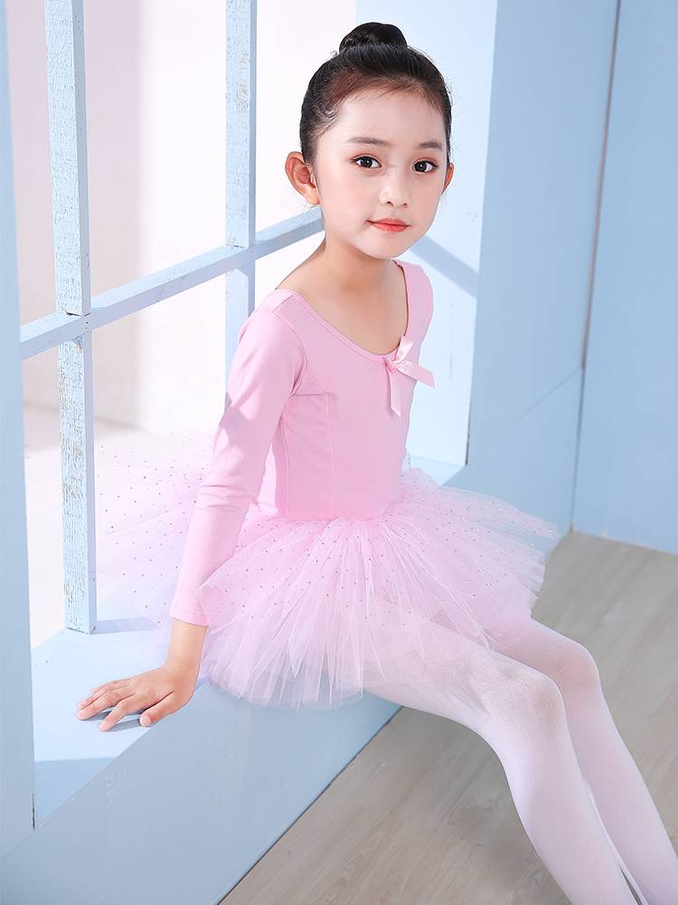 Dance service children's female princess skirt ballet performance service girl autumn long -sleeved exercise pink dance puff skirt